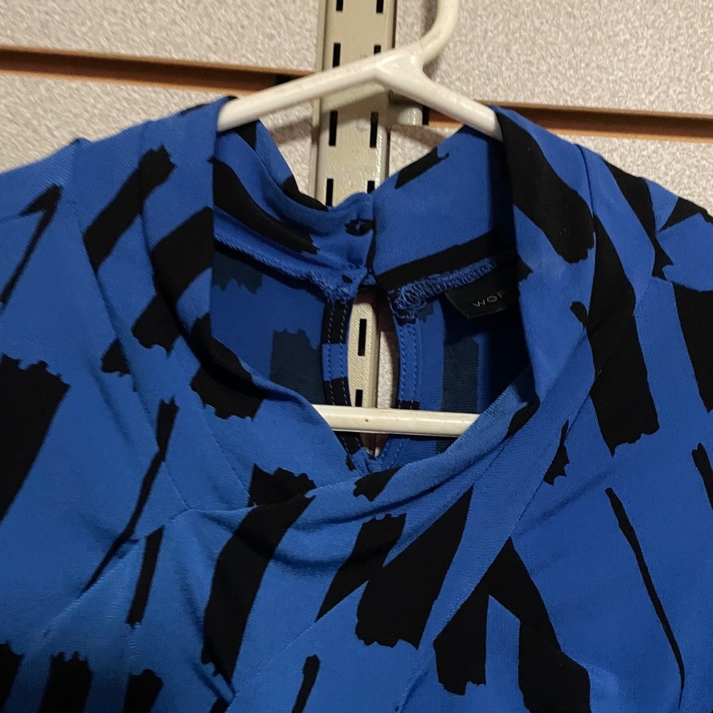 Worthington Womens XL Blue Black Abstract Brushstroke Mock Neck Pleated Blouse - Picture 3 of 6